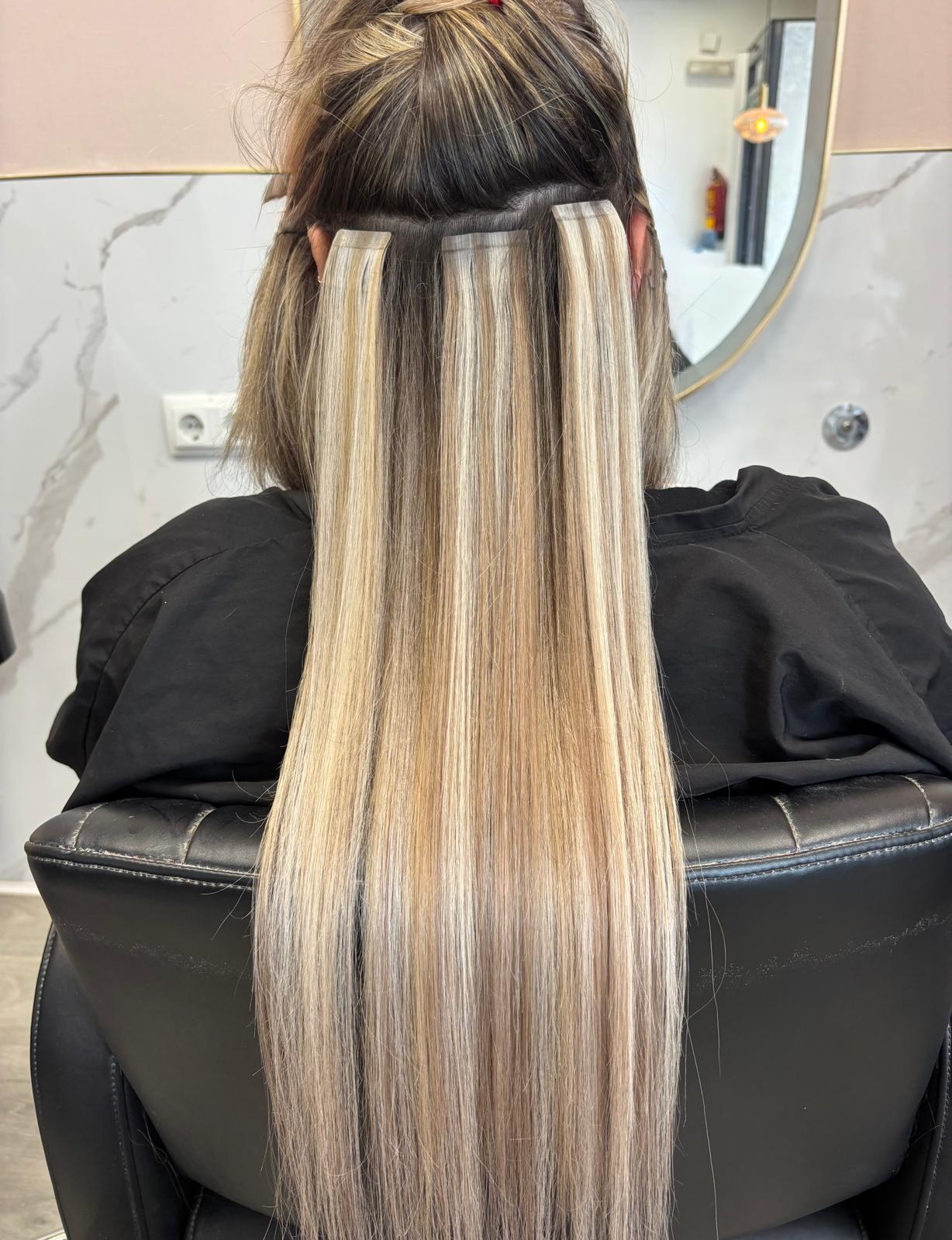 Antes — colocación de extensiones y resultado final con ondas